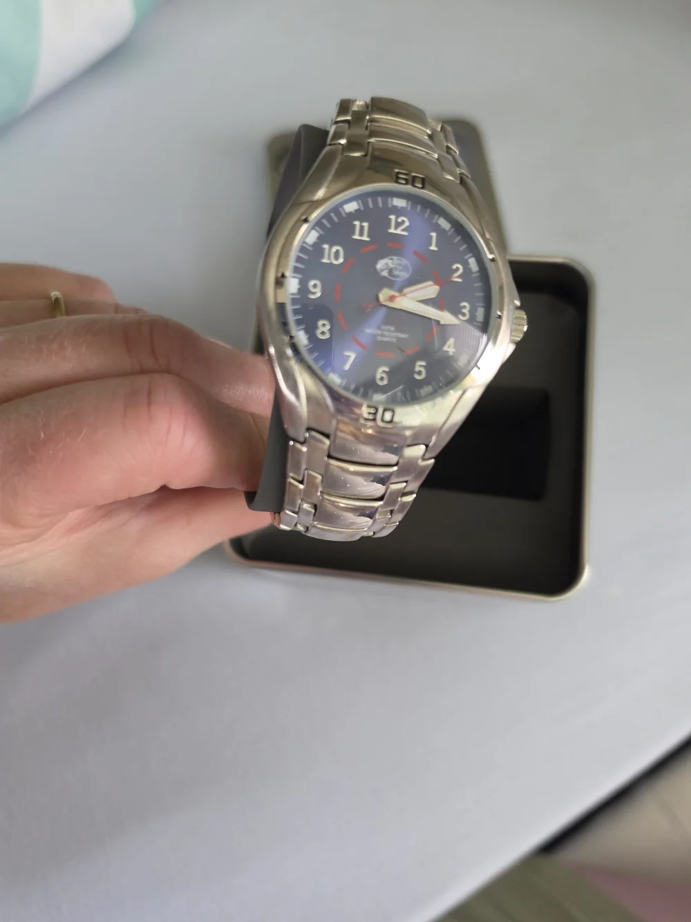 Bass Pro Shops Men's Silver Stainless Steel Watch with Blue Dial